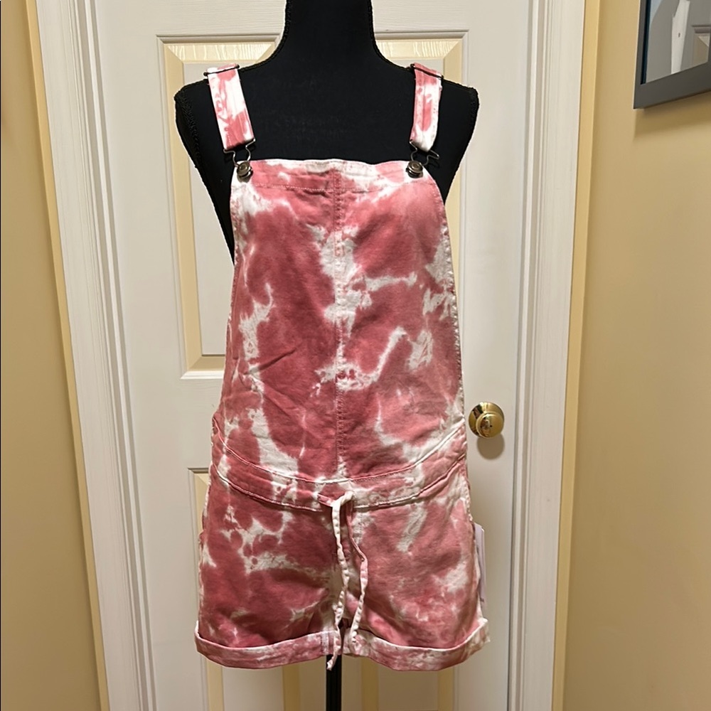 Planet Motherhood Pink and White Tie-Dye Short Overalls Romper